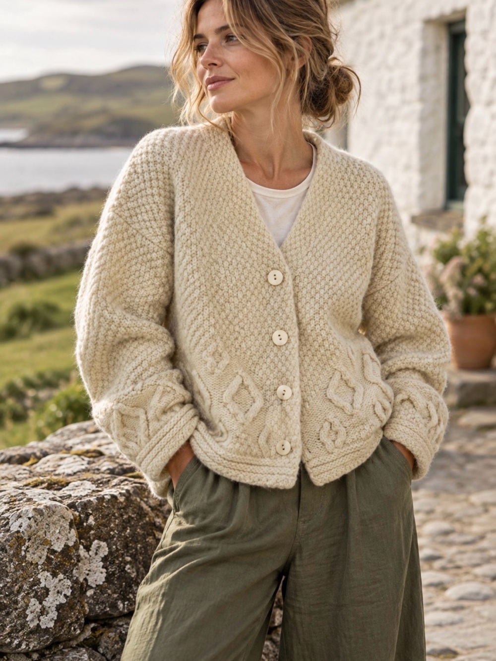 Aran Crafts Irish wool oversized heavy Cream cardigan Sweater XL